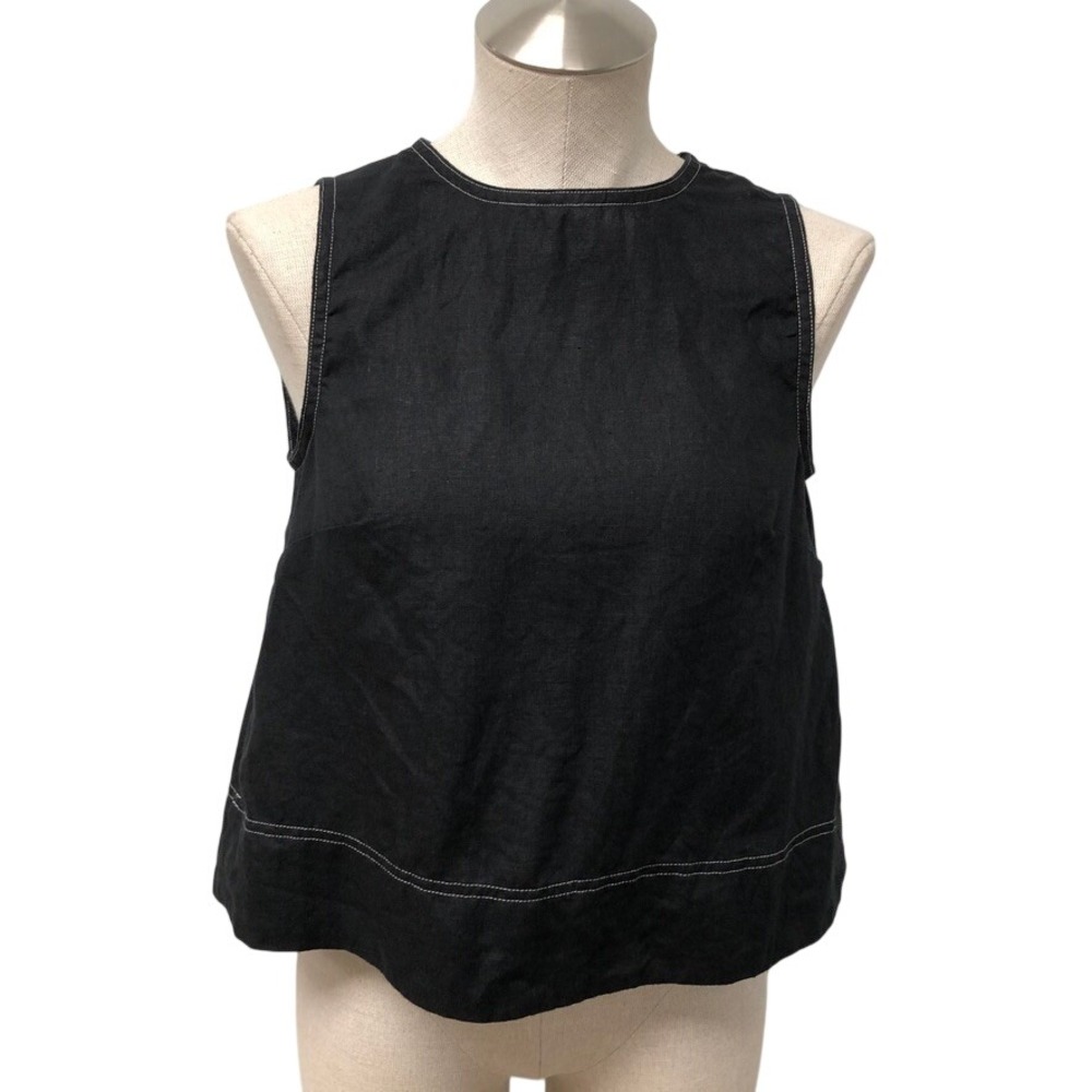Madewell Tank Top Womens XS Black Linen Contrast Stitch Sleeveless Lagenlook